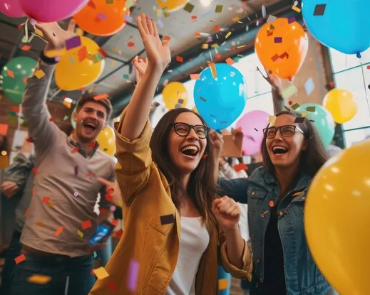 Grupo de amigos celebrando con globos y confeti